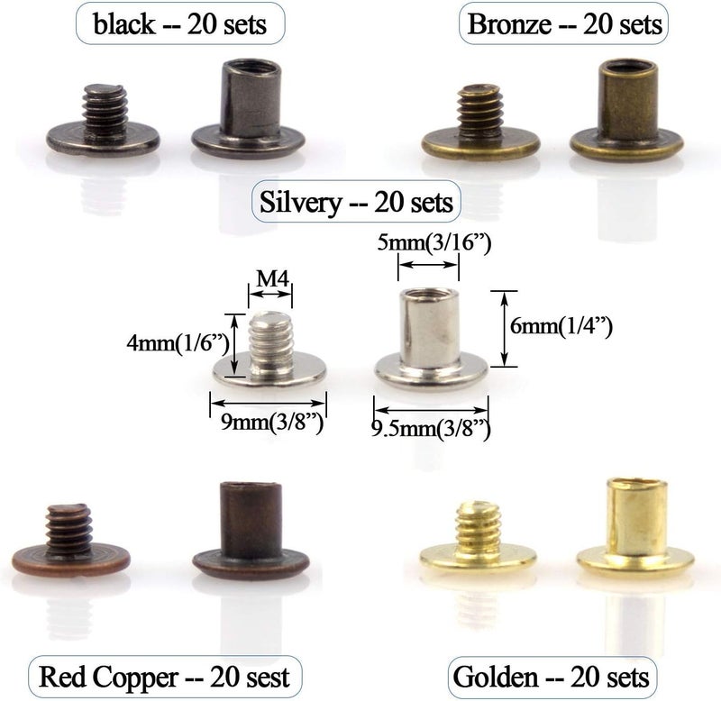 ALLOYPRO 100 Sets Chicago Screws Assorted Kit 5 Color Leather Rivets Screw Rivets Flat Fillister Book Binding Posts Nail Rivet Chicago Bolts for DIY Leather Craft Black Silver Golden Bronze (Colours 5×6mm) - Image 2